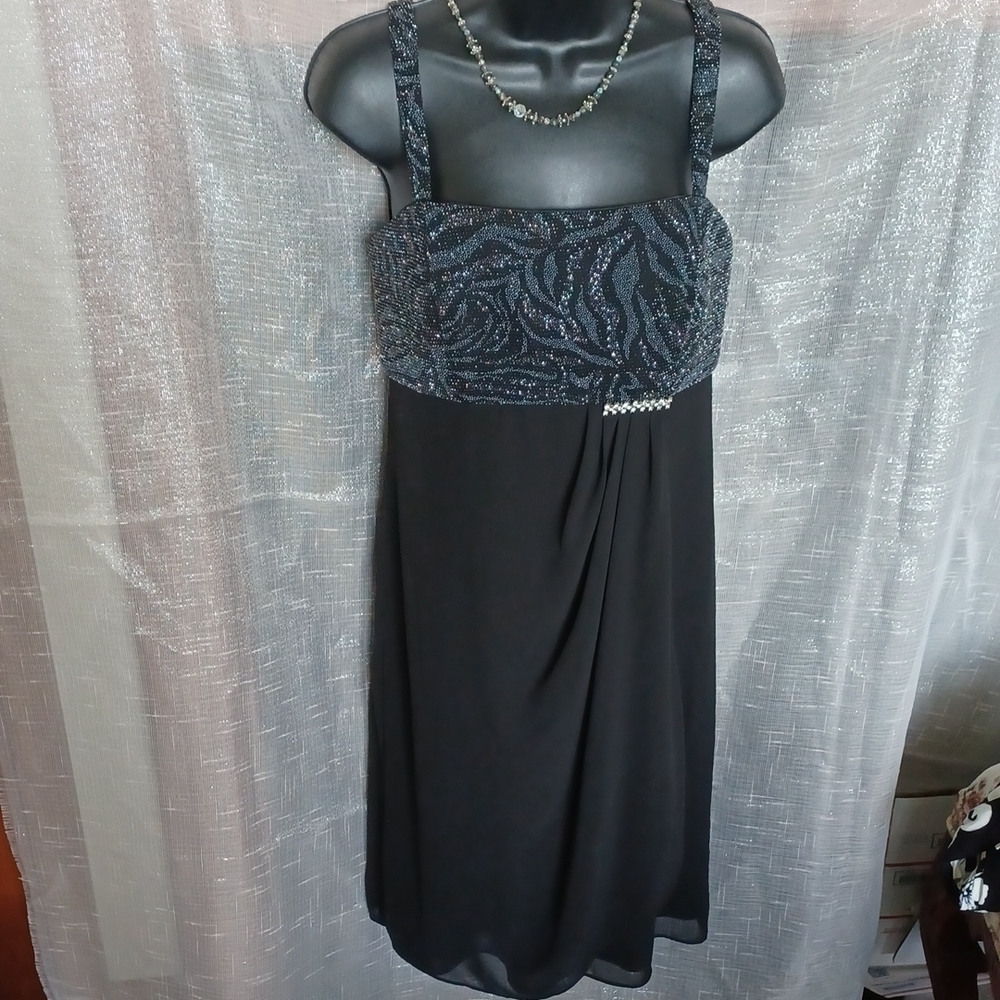 R & M Richard's Evening dress, black chiffon front, silver embellishments, sz 10